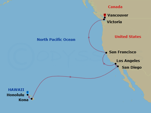 13 Night - Pacific Crossing : Honolulu to British Columbia - Royal Princess - Starting in Honolulu, Hawaii, Kona, Hawaii, San Diego, California, Los Angeles, California, San Francisco, California, Victoria CA, Vancouver, Canada itinerary map