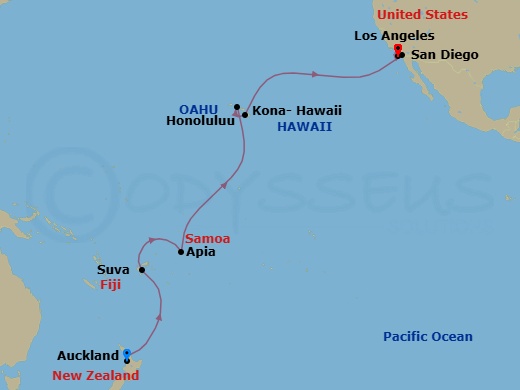 19 Night - Tahiti, Hawaii & South Pacific Crossing - Royal Princess - Starting in Auckland, New Zealand, Suva, Fiji, Apia, Western Samoa, Cross International Date Line, Honolulu, Hawaii, Kona, Hawaii, San Diego, California, Los Angeles, California itinerary map