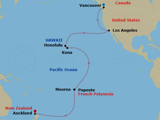 25 Night - Tahiti, Hawaii & South Pacific Crossing - Royal Princess - Starting in Vancouver, Canada, Los Angeles, California, Honolulu, Hawaii, Kona, Hawaii, Tahiti (Papeete), French Polynesia, Moorea, French Polynesia, Cross International Date Line, Auckland, New Zealand itinerary map