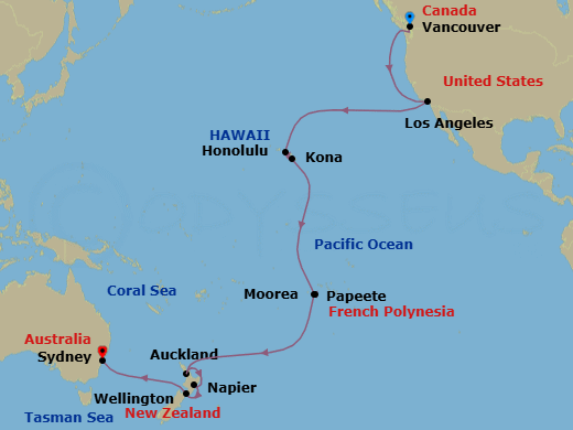 32 Night - Tahiti, Hawaii & South Pacific Crossing - Royal Princess - Starting in Vancouver, Canada, Los Angeles, California, Honolulu, Hawaii, Kona, Hawaii, Tahiti (Papeete), French Polynesia, Moorea, French Polynesia, Cross International Date Line, Auckland, New Zealand, Napier, New Zealand, Wellington, New Zealand, Sydney AU itinerary map