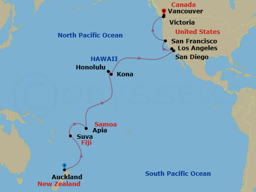 24 Night - Tahiti, Hawaii & South Pacific Crossing - Royal Princess - Starting in Auckland, New Zealand, Suva, Fiji, Apia, Western Samoa, Cross International Date Line, Honolulu, Hawaii, Kona, Hawaii, San Diego, California, Los Angeles, California, San Francisco, California, Victoria CA, Vancouver, Canada itinerary map