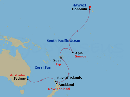 17 Night - Tahiti, Hawaii & South Pacific Crossing - Royal Princess - Starting in Sydney AU, Bay of Islands, New Zealand, Auckland, New Zealand, Suva, Fiji, Apia, Western Samoa, Cross International Date Line, Honolulu, Hawaii itinerary map