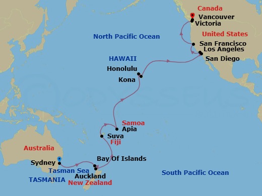 30 Night - Tahiti, Hawaii & South Pacific Crossing - Royal Princess - Starting in Sydney AU, Bay of Islands, New Zealand, Auckland, New Zealand, Suva, Fiji, Apia, Western Samoa, Cross International Date Line, Honolulu, Hawaii, Kona, Hawaii, San Diego, California, Los Angeles, California, San Francisco, California, Victoria CA, Vancouver, Canada itinerary map