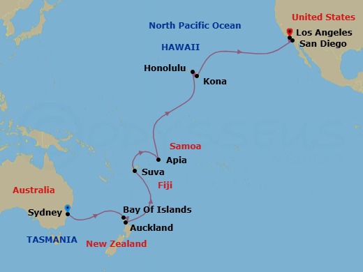 25 Night - Tahiti, Hawaii & South Pacific Crossing - Royal Princess - Starting in Sydney AU, Bay of Islands, New Zealand, Auckland, New Zealand, Suva, Fiji, Apia, Western Samoa, Cross International Date Line, Honolulu, Hawaii, Kona, Hawaii, San Diego, California, Los Angeles, California itinerary map