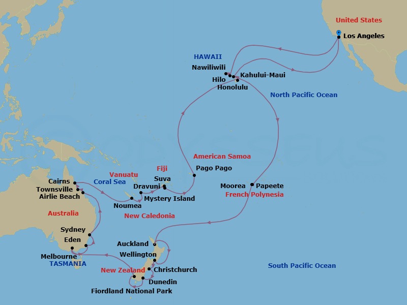 60 Night - Australia & South Pacific Grand Explorer - Crown Princess - Starting in Los Angeles, California, Honolulu, Hawaii, Kauai (Nawiliwili), Hawaii, Tahiti (Papeete), French Polynesia, Moorea, French Polynesia, Cross International Date Line, Auckland, New Zealand, Wellington, New Zealand, Christchurch (Lyttelton), New Zealand, Dunedin (Port Chalmers), New Zealand, Fiordland National Park (Scenic Cruising), Melbourne, Australia, Eden, Australia, Sydney AU, Airlie Beach, Australia, Townsville, Australia, Cairns, Australia, Noumea, New Caledonia, Mystery Island, Vanuatu, Suva, Fiji, Dravuni Island, Fiji, Cross International Date Line, Pago Pago, American Samoa, Hilo, Hawaii, Kahului, Hawaii, Los Angeles, California itinerary map
