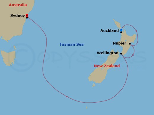 7 Night - Australia & New Zealand - Royal Princess - Starting in Auckland, New Zealand, Napier, New Zealand, Wellington, New Zealand, Sydney AU itinerary map