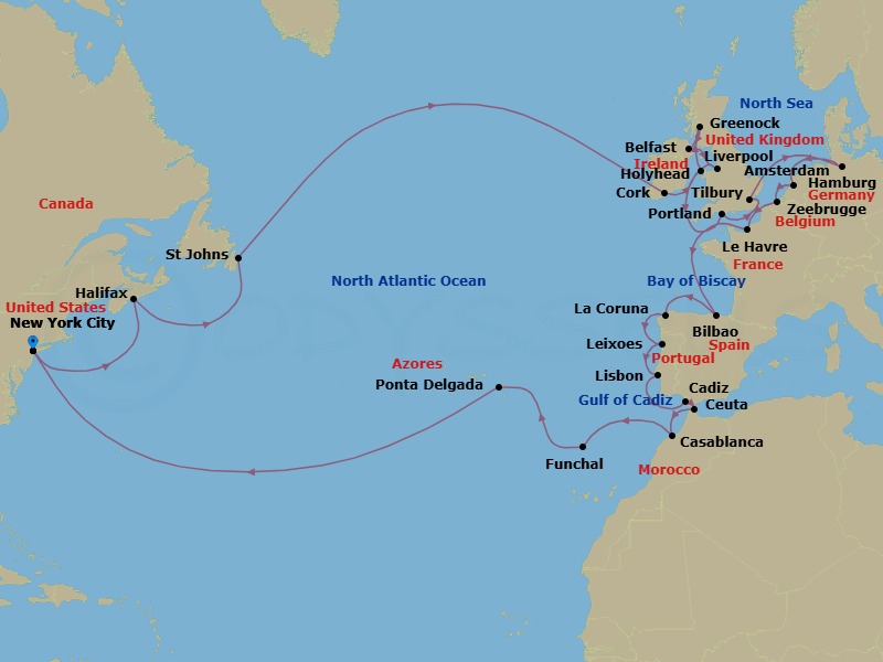 42 Night - Northern Europe Grand Odyssey - Coral Princess - Starting in New York City (Manhattan or Brooklyn), New York, Halifax, Canada, St Johns NF, Newfoundland, Canada, Cork, Ireland (Cobh / for Blarney Castle), Holyhead, Wales, Glasgow (Greenock), Scotland, Belfast, Northern Ireland, Liverpool, England, Portland UK, Tilbury, England, Hamburg, Germany (for Berlin), Amsterdam, Netherlands, Zeebrugge (for Brussels / Bruges), Belgium, Le Havre (for Paris / Normandy), France, Bilbao, La Coruna, Spain (for Santiago de Compostela), Porto (Leixoes), Portugal, Lisbon, Portugal, Seville (Cadiz), Spain, Ceuta, Spanish Morocco, Spain, Casablanca, Morocco (for Marrakesh), Madeira (Funchal), Portugal, Azores Islands (Ponta Delgada), Portugal, New York City (Manhattan or Brooklyn), New York itinerary map