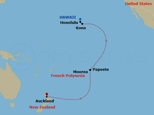 15 Night - Tahiti, Hawaii & South Pacific Crossing - Royal Princess - Starting in Honolulu, Hawaii, Kona, Hawaii, Tahiti (Papeete), French Polynesia, Moorea, French Polynesia, Cross International Date Line, Auckland, New Zealand itinerary map