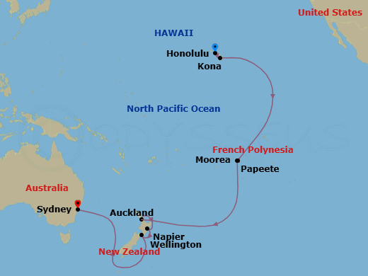 22 Night - Tahiti, Hawaii & South Pacific Crossing - Royal Princess - Starting in Honolulu, Hawaii, Kona, Hawaii, Tahiti (Papeete), French Polynesia, Moorea, French Polynesia, Cross International Date Line, Auckland, New Zealand, Napier, New Zealand, Wellington, New Zealand, Sydney AU itinerary map