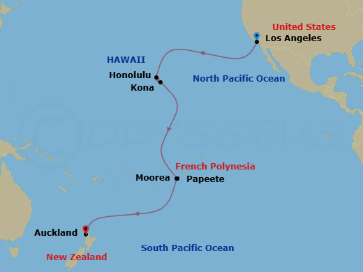 21 Night - Tahiti, Hawaii & South Pacific Crossing - Royal Princess - Starting in Los Angeles, California, Honolulu, Hawaii, Kona, Hawaii, Tahiti (Papeete), French Polynesia, Moorea, French Polynesia, Cross International Date Line, Auckland, New Zealand itinerary map