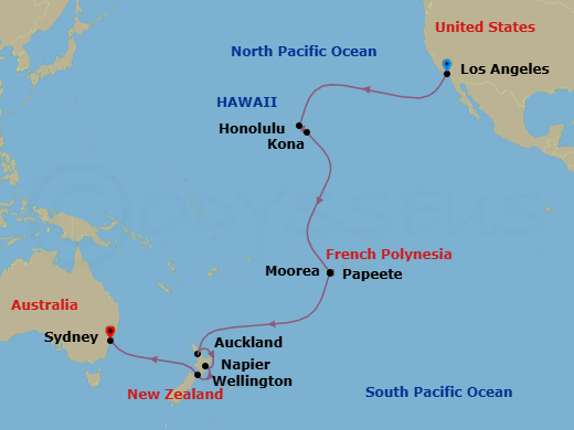 28 Night - Tahiti, Hawaii & South Pacific Crossing - Royal Princess - Starting in Los Angeles, California, Honolulu, Hawaii, Kona, Hawaii, Tahiti (Papeete), French Polynesia, Moorea, French Polynesia, Cross International Date Line, Auckland, New Zealand, Napier, New Zealand, Wellington, New Zealand, Sydney AU itinerary map