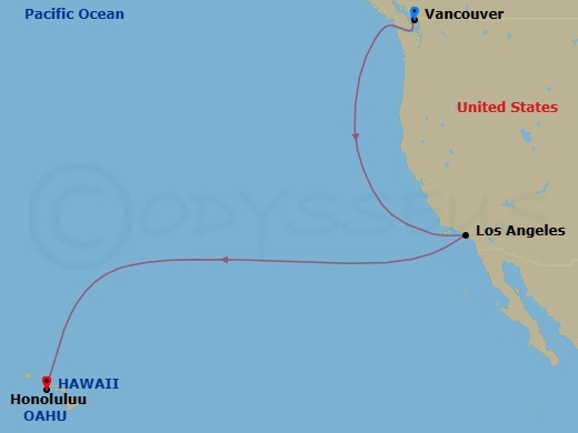 10 Night - Pacific Crossing : British Columbia to Honolulu - Royal Princess - Starting in Vancouver, Canada, Los Angeles, California, Honolulu, Hawaii itinerary map