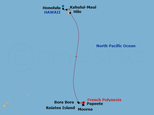 14 Night - O'ahu Explorer Hyatt Waikiki Ocean View Cruisetour - Norwegian Spirit Tours - Starting in At Hotel, Honolulu, Hi, Kahului, Maui, Hi, Hilo, Hi, Bora Bora, French Polynesia, Raiatea, French Polynesia, Moorea, French Polynesia, Papeete, French Polynesia itinerary map