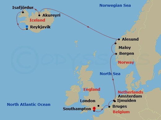 14 Night - Reykjavik, Golden Circle & Sky Lagoon - Norwegian Prima Tours - Starting in At Hotel, Reykjavik, Iceland, Isafjordur, Iceland, Akureyri, Iceland, Alesund, Norway, Maloy, Norway, Bergen, Norway, Amsterdam / Ijmuiden, Netherlands, Zeebrugge / Brussels / Brugge, Belgium, London (Southampton), United Kingdom itinerary map