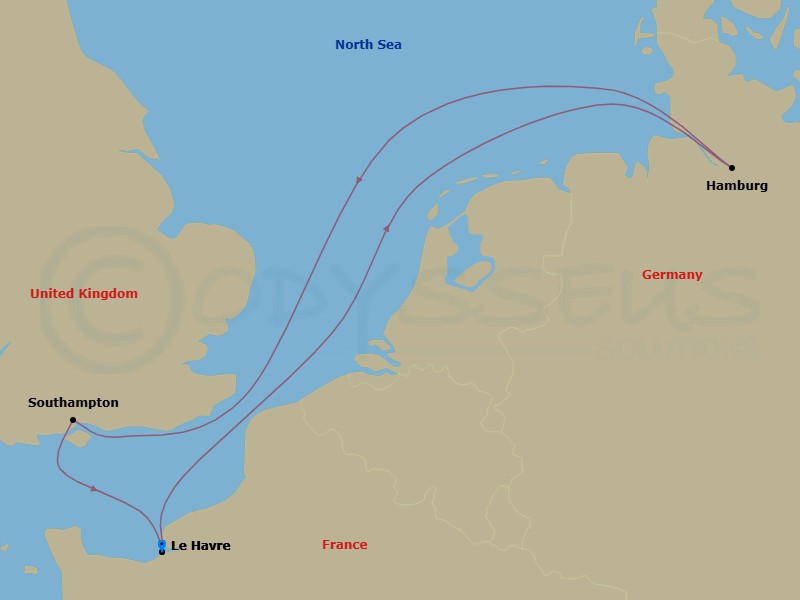 5 Night - Northern Europe - MSC Preziosa - Starting in Le Havre (Paris), France, Hamburg, Germany, Southampton (London), United Kingdom, Le Havre (Paris), France itinerary map