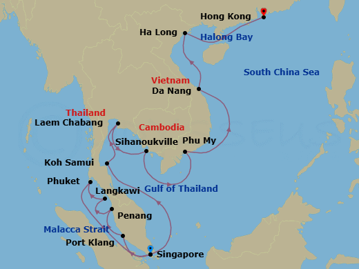 22 Night - Malaysia, Thailand & Vietnam Collectors' Voyage - Noordam - Starting in Singapore, Port Kelang (Kuala Lumpur), Malaysia, Penang, Malaysia, Porto Malai, Langkawi, Malaysia, Phuket, Thailand, Singapore, Nathon (Koh Samui), Thailand, Laem Chabang (Bangkok), Thailand, Sihanoukville, Cambodia, Phu My, Vietnam, Da Nang (Hue), Vietnam, Halong Bay, Vietnam, Hong Kong, China itinerary map