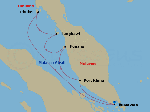 8 Night - Malaysia Discovery - Noordam - Starting in Singapore, Port Kelang (Kuala Lumpur), Malaysia, Penang, Malaysia, Porto Malai, Langkawi, Malaysia, Phuket, Thailand, Singapore itinerary map