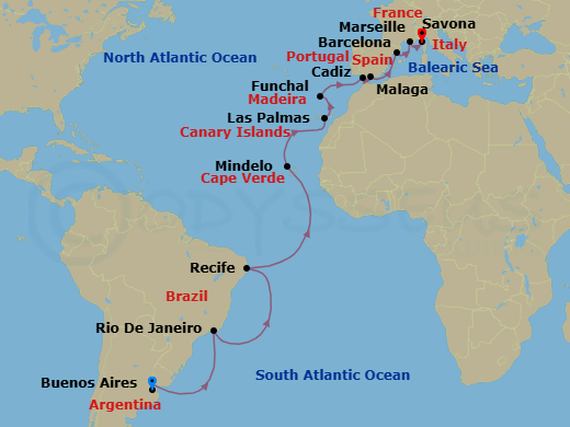 22 Night - Europe from Buenos Aires to Savona - Costa Serena - Starting in Buenos Aires, Rio De Janeiro, Recife, St Vincent / Cape Verde / Mindelo, Las Palmas, Funchal, Cadice, Malaga, Barcelona, Marseille, Savona itinerary map