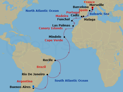 21 Night - Europe from Buenos Aires to Marseille - Costa Serena - Starting in Buenos Aires, Rio De Janeiro, Recife, St Vincent / Cape Verde / Mindelo, Las Palmas, Funchal, Cadice, Malaga, Barcelona, Marseille itinerary map