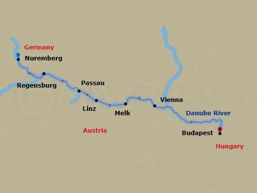9 Night - Legendary Danube (Christmas Time) with Budapest Post-Cruise - AmaSonata Tours - Starting in Nuremberg, Regensburg, Passau, Linz, Melk, Waca, Vienna, Budapest itinerary map
