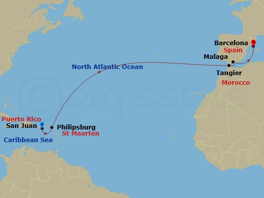 13 Night - Spain & Morocco Transatlantic - Celebrity Constellation - Starting in San Juan, Puerto Rico, Philipsburg, St Maarten, Tangier, Morocco, Malaga, Spain, Barcelona, Spain itinerary map