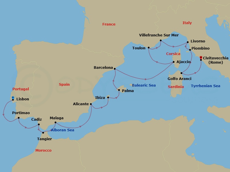 18 Night - Timeless Shores - Seven Seas Prestige - Starting in Lisbon, Portimao, Cadiz, Tangier, Malaga, Cruising the Mediterranean Sea, Alicante, Ibiza, Palma De Mallorca, Barcelona, Ajaccio (Corsica), Toulon, Villefranche, Tuscany (Livorno), Cruising the Tyrrhenian Sea, Piombino, Golfo Aranci (Sardinia), Rome (Civitavecchia) itinerary map
