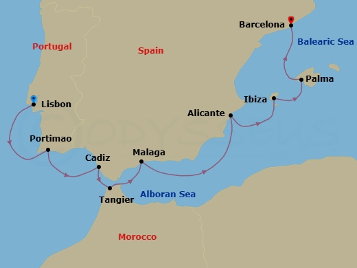 9 Night - Prestige of Portugal - Seven Seas Prestige - Starting in Lisbon, Portimao, Cadiz, Tangier, Malaga, Cruising the Mediterranean Sea, Alicante, Ibiza, Palma De Mallorca, Barcelona itinerary map