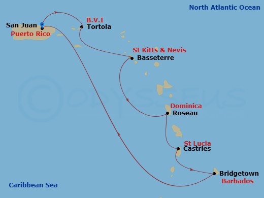 7 Night - Southern Caribbean Cruise - Celebrity Constellation - Starting in San Juan, Puerto Rico, Tortola, Basseterre, St Kitts and Nevis, Roseau, Dominica, Castries, St Lucia, Bridgetown, Barbados, San Juan, Puerto Rico itinerary map
