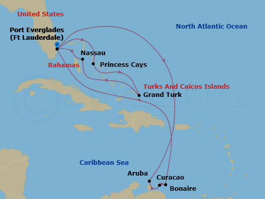 14 Night - Southern / Eastern Caribbean Adventurer with Celebration Key - Regal Princess - Starting in Fort Lauderdale, Florida, Aruba, Curacao, Bonaire, Caribbean Netherlands, Fort Lauderdale, Florida, Celebration Key, Bahamas, Grand Turk, Turks and Caicos, Nassau, Bahamas, Fort Lauderdale, Florida itinerary map
