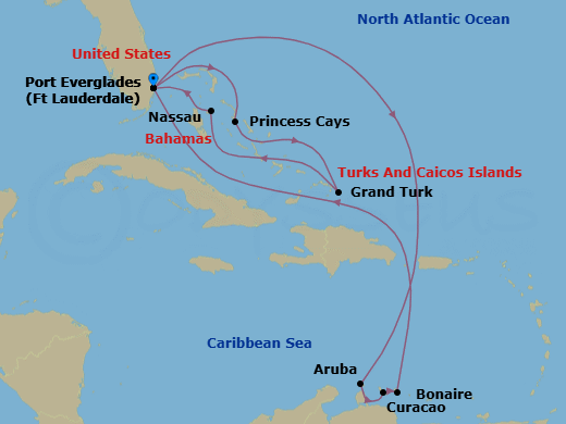 14 Night - Southern / Eastern Caribbean Adventurer with Celebration Key - Regal Princess - Starting in Fort Lauderdale, Florida, Celebration Key, Bahamas, Grand Turk, Turks and Caicos, Nassau, Bahamas, Fort Lauderdale, Florida, Aruba, Curacao, Bonaire, Caribbean Netherlands, Fort Lauderdale, Florida itinerary map