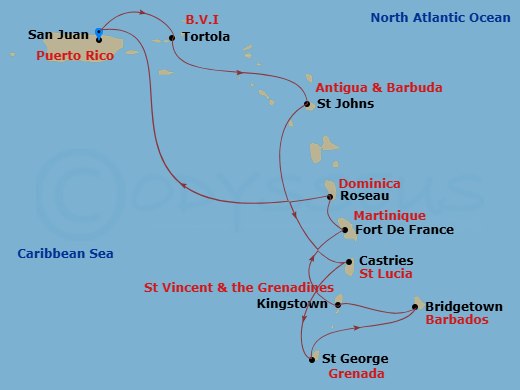 11 Night - Southern Caribbean Intensive - Celebrity Constellation - Starting in San Juan, Puerto Rico, Tortola, St Johns AG, Antigua, Castries, St Lucia, St Georges, Grenada, Bridgetown, Barbados, Kingstown, St Vincent, Fort-De-France, Martinique, Roseau, Dominica, San Juan, Puerto Rico itinerary map