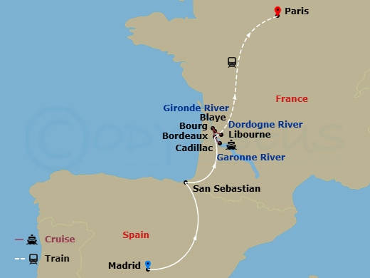 14 Night - Taste of Bordeaux (Wine Cruise) with Madrid, San Sebastian Pre-Cruise and Paris Post Cruise - AmaDolce Tours - Starting in Madrid, San Sebastian, Bordeaux, Libourne, Blaye, Bourg, Cadillac, Bordeaux, Paris itinerary map