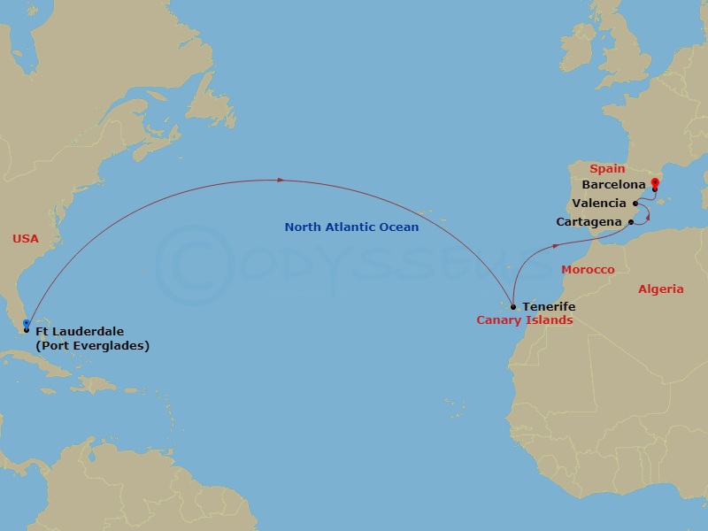 14 Night - Spanish Passage - Sun Princess - Starting in Fort Lauderdale, Florida, Santa Cruz de Tenerife, Cartagena ES, Mallorca (Palma), Spain, Barcelona, Spain itinerary map