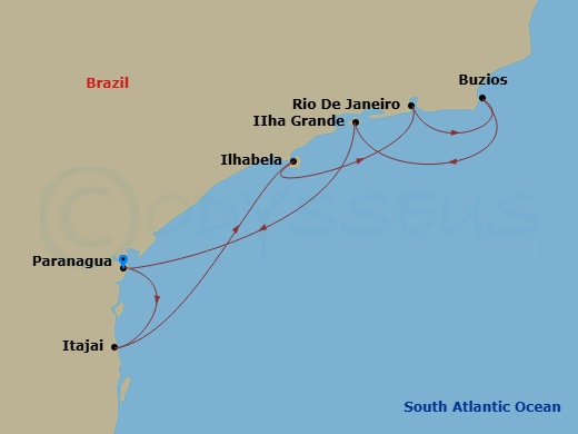 7 Night - South America - MSC Musica - Starting in Paranagua, Brazil, Itajai, Brazil, Ilhabela, Brazil, Rio De Janeiro, Brazil, Buzios, Brazil, Ilha Grande, Brazil, Paranagua, Brazil itinerary map