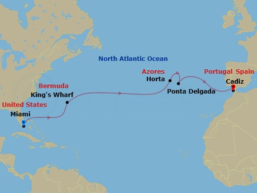 13 Night - A Journey of Azure Islands & Volcanic Wonders - EXPLORA II - Starting in Miami, Kings Wharf, Horta, Ponta Delgada (Sao Miguel), Cadiz itinerary map