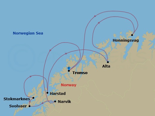 7 Night - The Arctic Circle Explorer - MS Trollfjord - Starting in Tromso, Narvik, Svolvar, Stokmarknes, Harstad, Alta, Honningsvag, Tromso itinerary map