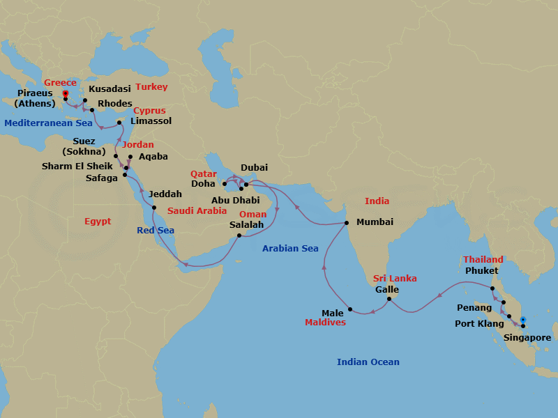 38 Night - Asia to Antiquity Passage - Oceania Vista - Starting in Singapore, Kuala Lumpur (Port Klang), Penang, Phuket, Galle, Male, Mumbai, Dubai, Abu Dhabi, Doha, Dubai, Salalah, Jeddah, Luxor (Safaga), Aqaba, Sharm El-Sheikh, Ain Sokhna, Suez Canal (Transit), Limassol, Rhodes, Ephesus (Kusadasi), Athens (Piraeus) itinerary map