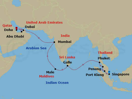 18 Night - Gems of the Indian Ocean - Oceania Vista - Starting in Singapore, Kuala Lumpur (Port Klang), Penang, Phuket, Galle, Male, Mumbai, Dubai, Abu Dhabi, Doha itinerary map