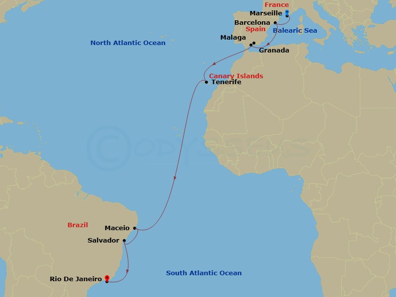 17 Night - Msc Grand Voyages - MSC Virtuosa - Starting in Marseille (Provence), France, Barcelona, Spain, Malaga (Granada), Spain, Santa Cruz de Tenerife, Maceio, Brazil, Salvador, Brazil, Rio De Janeiro, Brazil itinerary map