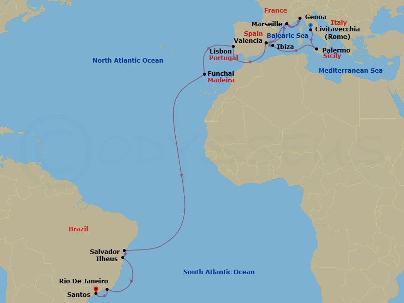23 Night - Msc Grand Voyages - MSC Musica - Starting in Civitavecchia (Rome), Italy, Palermo (Monreale), Italy, Ibiza (Balearic Islands), Spain, Valencia, Spain, Marseille (Provence), France, Genoa (Portofino), Italy, Marseille (Provence), France, Valencia, Spain, Lisbon (Cascais), Portugal, Funchal (Madeira Islands), Portugal, Salvador, Brazil, Ilheus, Brazil, Rio De Janeiro, Brazil, Santos (Sao Paulo), Brazil itinerary map