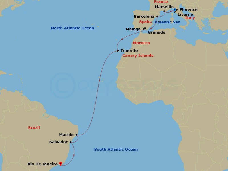 18 Night - Msc Grand Voyages - MSC Virtuosa - Starting in Livorno (Florence), Italy, Marseille (Provence), France, Barcelona, Spain, Malaga (Granada), Spain, Santa Cruz de Tenerife, Maceio, Brazil, Salvador, Brazil, Rio De Janeiro, Brazil itinerary map