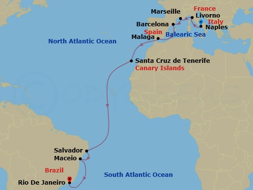 19 Night - Msc Grand Voyages - MSC Virtuosa - Starting in Naples (Pompeii), Italy, Livorno (Florence), Italy, Marseille (Provence), France, Barcelona, Spain, Malaga (Granada), Spain, Santa Cruz de Tenerife, Maceio, Brazil, Salvador, Brazil, Rio De Janeiro, Brazil itinerary map