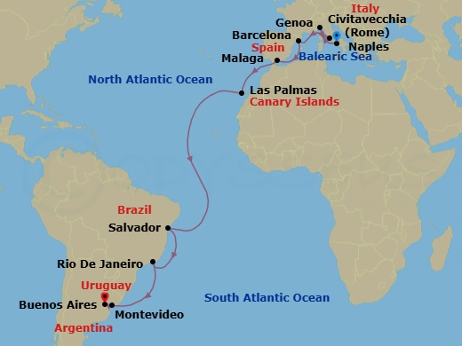 21 Night - Msc Grand Voyages - MSC Splendida - Starting in Naples (Pompeii), Italy, Genoa (Portofino), Italy, Civitavecchia (Rome), Italy, Barcelona, Spain, Malaga (Granada), Spain, Las Palmas de Gran Canaria (Canary Islands), Spain, Salvador, Brazil, Rio De Janeiro, Brazil, Montevideo, Uruguay, Buenos Aires, Argentina itinerary map