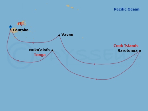 10 Night - Azure Islands - Seven Seas Navigator - Starting in Lautoka, Cruising the South Pacific, Nukualofa, Crossing the International Date Line (E), Cruising the South Pacific, Rarotonga, Cruising the South Pacific, Crossing the International Date Line (W), Vavau (Neiafu), Cruising the South Pacific, Lautoka itinerary map