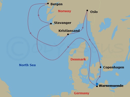 7 Night - Northern Europe - MSC Magnifica - Starting in Warnemunde (Berlin), Germany, Stavanger (Lysefijord), Norway, Bergen, Norway, Kristiansand, Norway, Oslo, Norway, Copenhagen, Denmark, Warnemunde (Berlin), Germany itinerary map