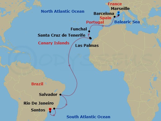 17 Night - Msc Grand Voyages - MSC Virtuosa - Starting in Marseille (Provence), France, Barcelona, Spain, Funchal (Madeira Islands), Portugal, Santa Cruz de Tenerife, Las Palmas de Gran Canaria (Canary Islands), Spain, Salvador, Brazil, Rio De Janeiro, Brazil, Santos (Sao Paulo), Brazil itinerary map