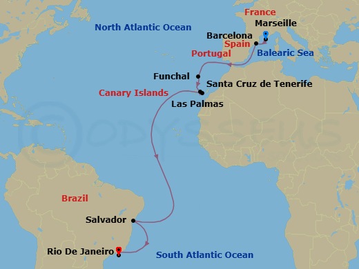 16 Night - Msc Grand Voyages - MSC Virtuosa - Starting in Marseille (Provence), France, Barcelona, Spain, Funchal (Madeira Islands), Portugal, Santa Cruz de Tenerife, Las Palmas de Gran Canaria (Canary Islands), Spain, Salvador, Brazil, Rio De Janeiro, Brazil itinerary map