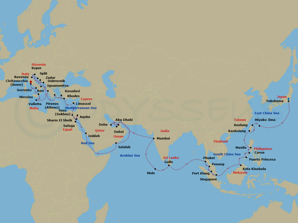 65 Night - Spice Routes & Roman Roads - Oceania Vista - Starting in Tokyo (Yokohama), Miyakojima (Hirara), Taipei (Keelung), Kaohsiung, Manila, Coron, Puerto Princesa, Kota Kinabalu (Borneo), Singapore, Kuala Lumpur (Port Klang), Penang, Phuket, Galle, Male, Mumbai, Dubai, Abu Dhabi, Doha, Dubai, Salalah, Jeddah, Luxor (Safaga), Aqaba, Sharm El-Sheikh, Ain Sokhna, Suez Canal (Transit), Limassol, Rhodes, Ephesus (Kusadasi), Athens (Piraeus), Igoumenitsa, Bari, Zadar, Koper, Ravenna, Split, Dubrovnik, Croatia, Valletta, Messina (Sicily), Sorrento / Capri, Rome (Civitavecchia) itinerary map