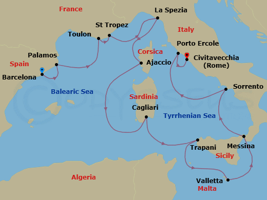 12 Night - French & Italian Treasures - Oceania Sirena - Starting in Barcelona, Palamos, Toulon, Saint-Tropez, Cinque Terre (La Spezia), Ajaccio (Corsica), Cagliari (Sardinia), Trapani (Sicily), Valletta, Messina (Sicily), Sorrento / Capri, Porto Ercole, Rome (Civitavecchia) itinerary map