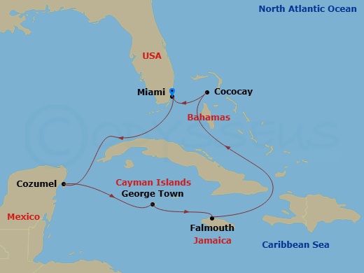 7 Night - Western Caribbean & Perfect Day - Independence of the Seas - Starting in Miami, Florida, Cozumel, Mexico, George Town, Grand Cayman, Falmouth, Jamaica, Perfect Day Cococay, Bahamas, Miami, Florida itinerary map
